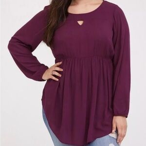 Torrid Womens Size 1X Maroon Babydoll Flowy Gauzy Keyhole Front Tunic Top